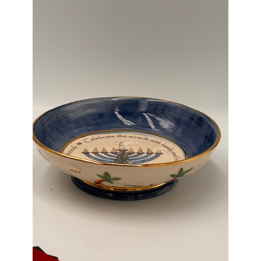 Russ Berrie Hanukkah Menorah Ceramic Bowl Handpainted Gold Trim 13377